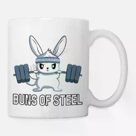 Funny Rabbit Fitness Coffee Mug - 'Buns of Steel' 11oz Ceramic Cup, White with Cute Bunny Weightlifting Design