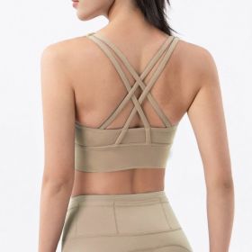 Nylon Top Women Bra Sexy Top Woman Breathable Underwear Women Fitness Yoga Sports Bra For Women Gym 22 Colors (Color: khaki, size: XL)