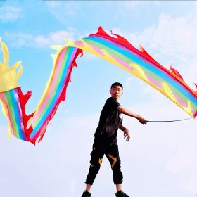 3 Meters (9.8 FT) Golden Scale Silk Dragon POI Outdoor Flinging Wind Spinners & Fitness Dragon Dance Wu Long 3D dragon Ribbon Streamer with Fiber (Red Gold Dragon: Rainbow Dragon)