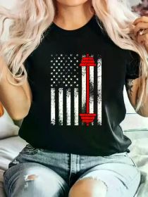 Patriotic Barbell Art Pattern Men's and Women's T-shirt - American Flag Design, Short Sleeve T-shirt, Casual Fitness (Color: Black, size: XXL)