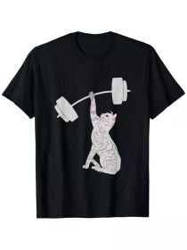 Cat Deadlifting Funny Fitness Gym Lover Cat BarBell T-Shirt, 100% Cotton, Single Side Printed, Black Short Sleeve T-shirt (Color: Black, size: XXXL)