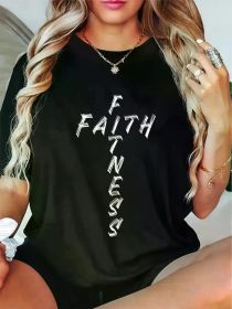 Women's Faith Fitness Graphic T-Shirt - Soft, Short Sleeve, Crew Neck, Casual Christian (Color: Black, size: M)