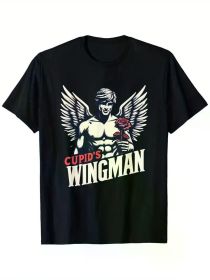 Naughty Cupid'S Wingman Funny Valentines Muscle Fitness Puns T-Shirt, 100% Cotton, Single Side Printed, Black Short Sleeve T-shirt (Color: Black, size: S)