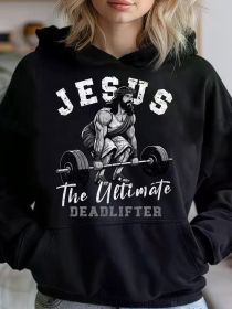 Jesus Ultimate Deadlifter Graphic Hoodie - Black Christian Gym-Inspired Pullover with Pockets, Long Sleeve Blend for Women, Fitness & Faith Desig (Color: Black, size: XL)