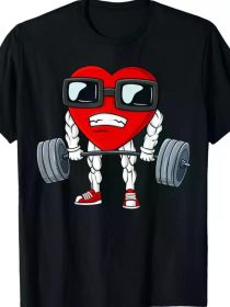 Valentine's Day Heart Weightlifting Funny Deadlift Fitness T-Shirt, 100% Cotton Crew Neck Casual Tee, (Color: Black, size: L)
