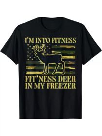 Men's Cotton T-Shirt - "I'm Into Fitness, Deer Freezer" Graphic, Casual Round Neck Tee for Outdoor (Color: Black, size: S)