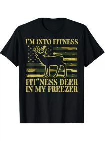 Men's Cotton T-Shirt - "I'm Into Fitness, Deer Freezer" Graphic, Casual Round Neck Tee for Outdoor (Color: Black, size: M)