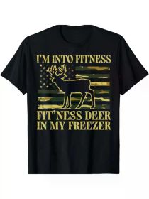 Men's Cotton T-Shirt - "I'm Into Fitness, Deer Freezer" Graphic, Casual Round Neck Tee for Outdoor (Color: Black, size: XXXL)