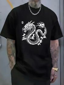 Men's Dragon Print Cotton T-Shirt - Casual & Comfortable, Breathable Short Sleeve Tee for Summer Outings, Fitness & Casual Attire (Color: Black, size: L)