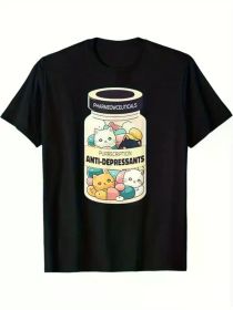 Men's "Happy Pills" Graphic T-Shirt - 100% Cotton, Ultra-Soft & Breathable Crew Neck Tee with Pharmaceutical Design - Ideal for Casual Wear (Color: Black, size: XL)