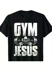 MEN'S GYM & JESUS BARBELL WEIGHTLIFTING CROSS T-SHIRT - 100% COTTON, FOUR SEASONS FITNESS T-SHIRT WITH BOLD "GYM AND JESUS" DESIGN, BLACK (Color: Black, size: XL)