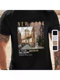 New York print men's short sleeve t-shirt, comfortable casual breathable top for men's fitness training, jogging, men's clothing (Color: Black, size: XXL)