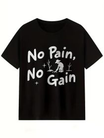 Men's "No Pain, No Gain" Graphic Cotton T-Shirt - Black, Casual & Stylish Short Sleeve Tee for Fitness, Running, Training & Casual Attire (Color: Black, size: L)