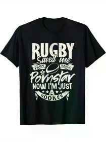 Rugby Makes Me No Longer a Chick" Fun Men's Cotton T-Shirt - Black Casual Fitness T-Shirt with White Text and Rugby Design, 100% Cotton (Color: Black, size: L)