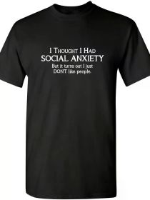 Social Anxiety Print Men's Comfy Cotton Short Sleeves Tee Shirt, Versatile Breathable Summer Top For Leisure & Fitness, Best Gift Choice (Color: Black, size: L)