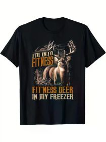 1pc Men'S Cotton Crew Neck T-Shirt with Fitness Deer Graphic - All-Season Breathable Sports Tee with Slight Stretch (Color: Black, size: XL)