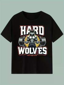 Men's Hard Wolves Graphic T-Shirt - 100% Cotton, Black, Short Sleeve, Fitness & Casual Wear, Perfect Gift for Gym Enthusiasts (Color: Black, size: XXXL)