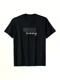 Muscle Mommy Graphic Tee - 100% Cotton Casual T-Shirt for Women, Black with White Letter Print, Comfortable Fitness & Casual Attire, Gym Shirts (Color: Black, size: S)