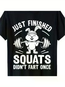 Humorous Men's Fitness T-Shirt Just Finished Squats - 100% Cotton, Breathable | Black cartoon rabbit weightlifting design (Color: Black, size: XL)
