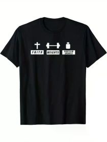 Faith, Weights & Protein Powder" Humorous Christian Fitness T-Shirt for Men - 100% Cotton, Comfortable Short Sleeve, All-Season Wear (Color: Black, size: S)