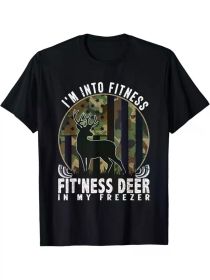 Funny 'I'm Into Fitness Deer in My Freezer' Hunting Tee - Men's Black Cotton T-Shirt with Camo Deer Graphic (Color: Black, size: XL)